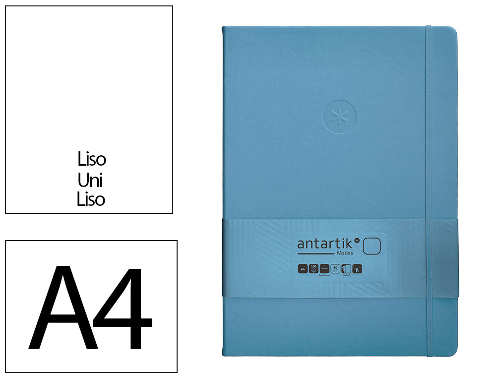 CUADERNO CON GOMILLA ANTARTIK NOTES TAPA DURA A4 HOJAS LISAS AZUL CLARO 100 HOJAS 80 GR FSC