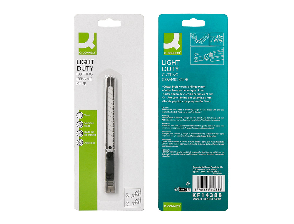 CUTER Q-CONNECT METALICO ESTRECHO CUCHILLA CERAMICA 9 MM XD-C18 CON CLIP BLISTER 1 UNIDAD