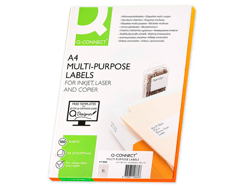 ETIQUETA ADHESIVA Q-CONNECT KF10653 TAMAÑO 105X35 MM FOTOCOPIADORA LASER -INK-JET CAJA CON 100 HOJAS DIN A4