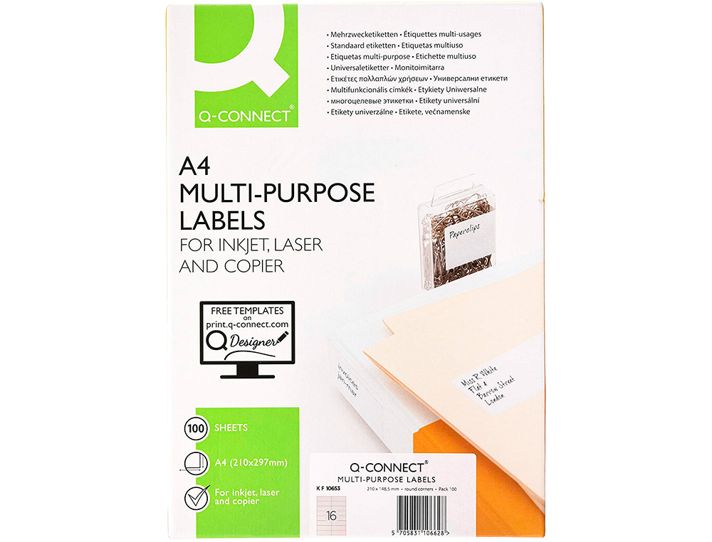 ETIQUETA ADHESIVA Q-CONNECT KF10653 TAMAÑO 105X35 MM FOTOCOPIADORA LASER -INK-JET CAJA CON 100 HOJAS DIN A4