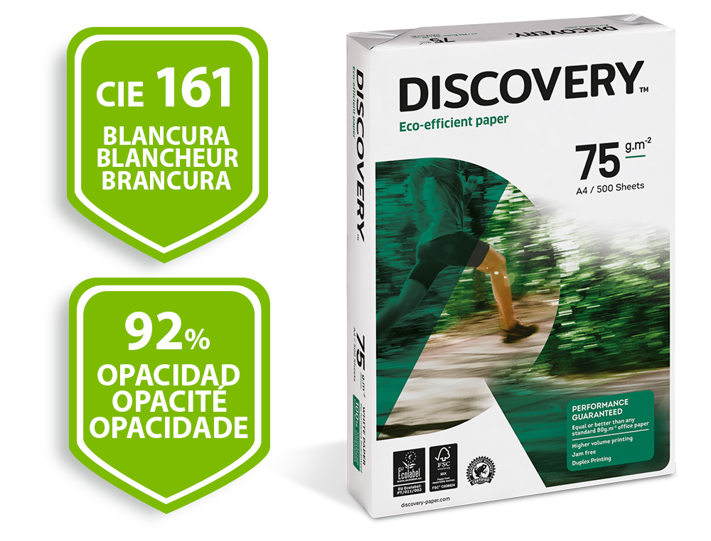 PAPEL FOTOCOPIADORA DISCOVERY DIN A4 75 GRAMOS PAPEL MULTIUSO INK-JET Y LASERPAQUETE DE 500 HOJAS