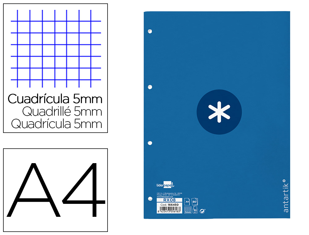RECAMBIO LIDERPAPEL A4 ANTARTIK 80 HOJAS 90G/M2 CUADRO 5MM 4 TALADROS 1 BANDA CON MARCO COLOR AZUL OSCURO