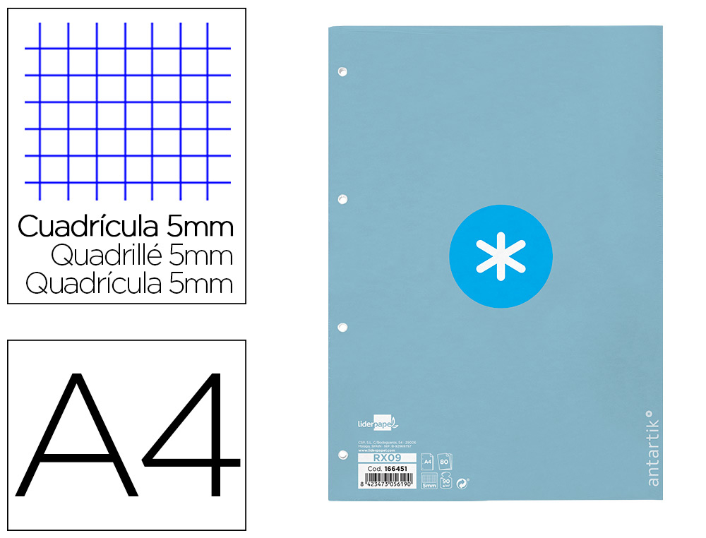 RECAMBIO LIDERPAPEL A4 ANTARTIK 80 HOJAS 90G/M2 CUADRO 5MM 4 TALADROS 1 BANDA CON MARCO COLOR CELESTE