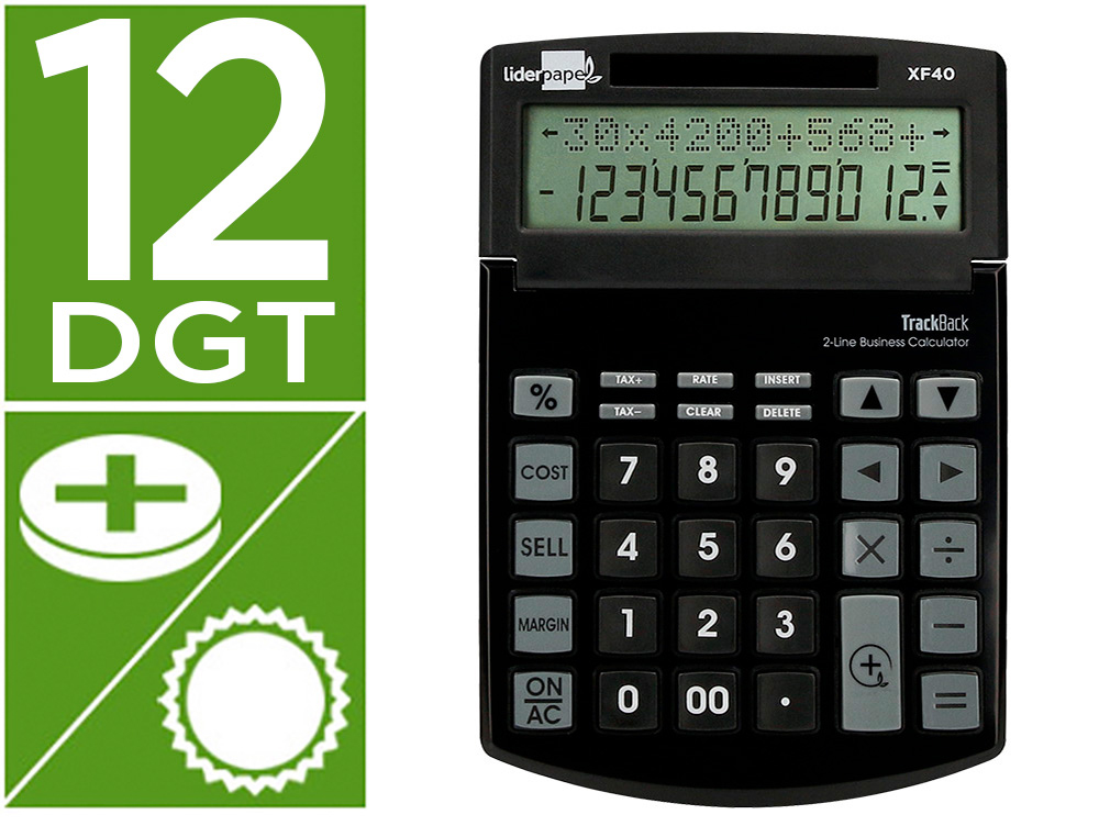 CALCULADORA LIDERPAPEL SOBREMESA XF40 12 DIGITOS DOS LINEAS SOLAR Y PILAS NEGRO 175X120X30 MM 40% PLASTICO