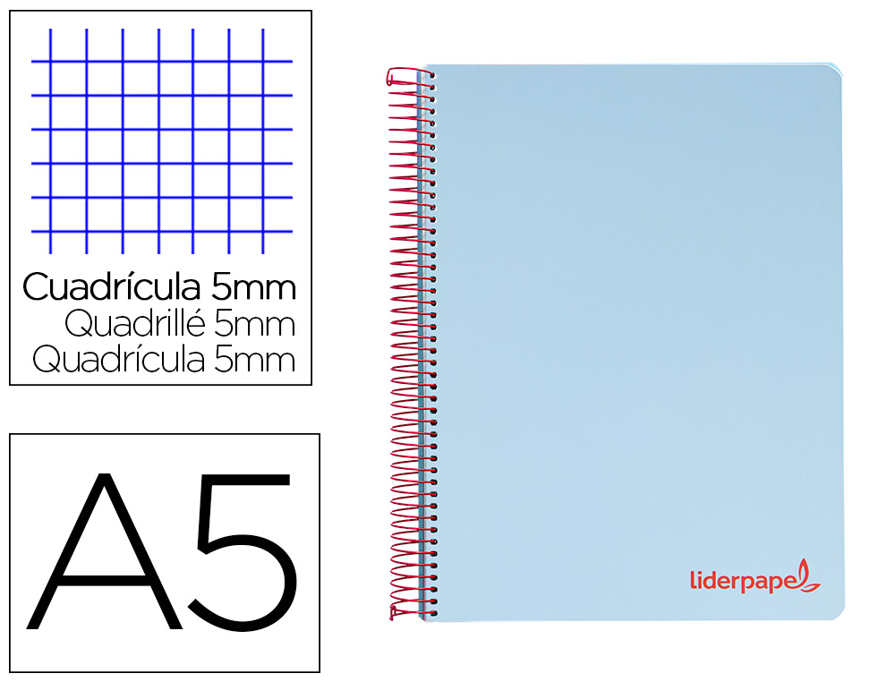 CUADERNO ESPIRAL LIDERPAPEL A5 MICRO WONDER TAPA PLASTICO 120H 90G CUADRO 5MM 5 BANDAS 6 TALADROS COLOR CELESTE