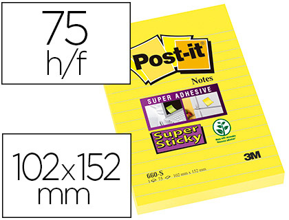 BLOC DE NOTAS ADHESIVAS QUITA Y PON POST-IT SUPER STICKY RAYADO AMARILLO ULTRA 102X152 MM