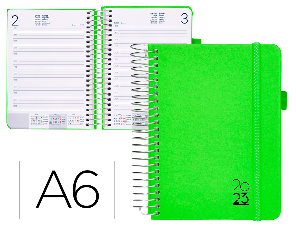AGENDA ENCUADERNADA LIDERPAPEL NEON A6 2023 DIA PAGINA PAPEL 70 GR COLOR VERDE