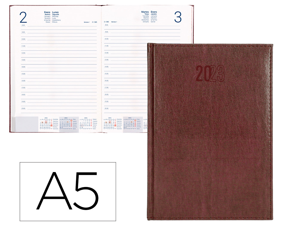 AGENDA ENCUADERNADA LIDERPAPEL CRETA 15X21 CM 2023 DIA PAGINA COLOR BURDEOS PAPEL 70 GR