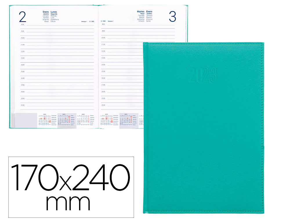 AGENDA ENCUADERNADA LIDERPAPEL CRETA 17X24 CM 2023 DIA PAGINA COLOR TURQUESA PAPEL 70 GR