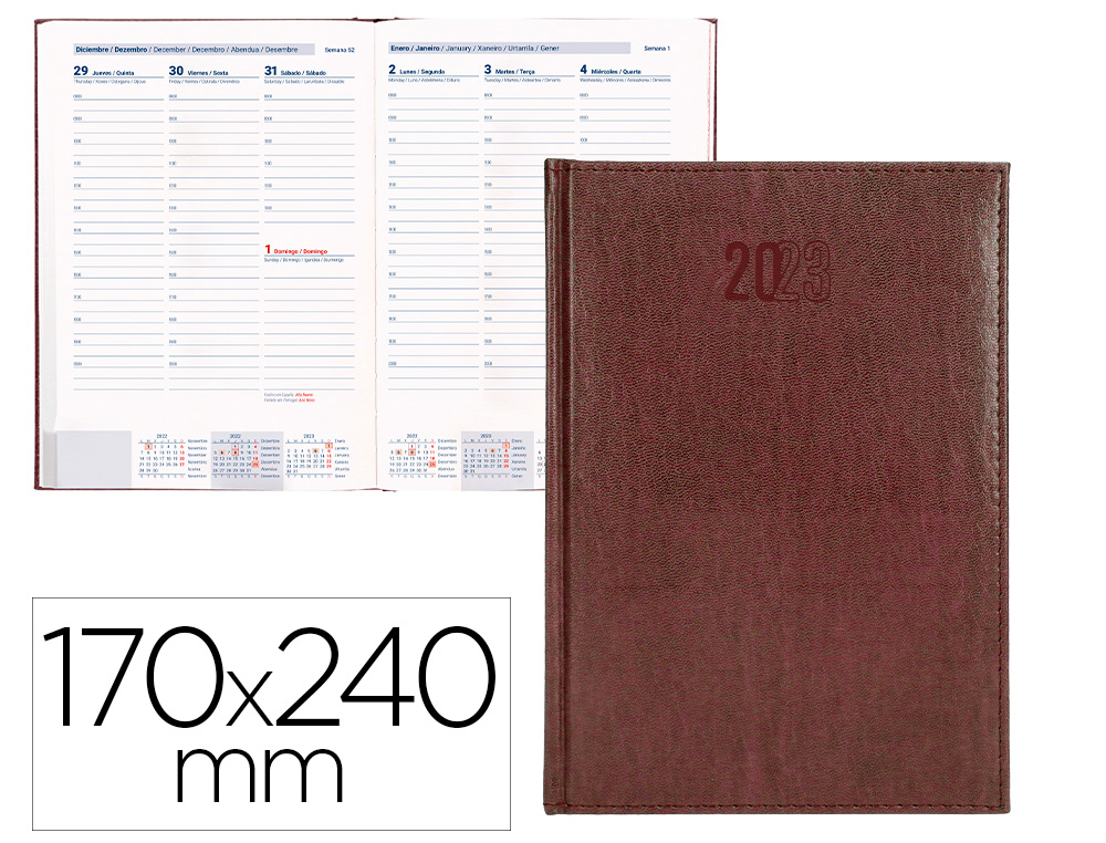 AGENDA ENCUADERNADA LIDERPAPEL CRETA 17X24 CM 2023 SEMANA VISTA COLOR BURDEOS PAPEL 70 GR