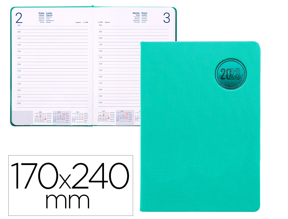 AGENDA ENCUADERNADA LIDERPAPEL KILKIS 17X24 CM 2023 DIA PAGINA COLOR TURQUESA PAPEL 70 GR