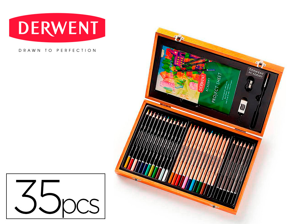 ESTUCHE DE PINTURA DERWENT ACADEMY MADERA LAPICES DE COLORES 35 PIEZAS