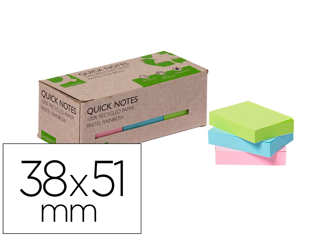 BLOC DE NOTAS ADHESIVAS QUITA Y PON Q-CONNECT 38X51 MM 100% PAPEL RECICLADO COLORES PASTELES EN CAJA DE CARTON