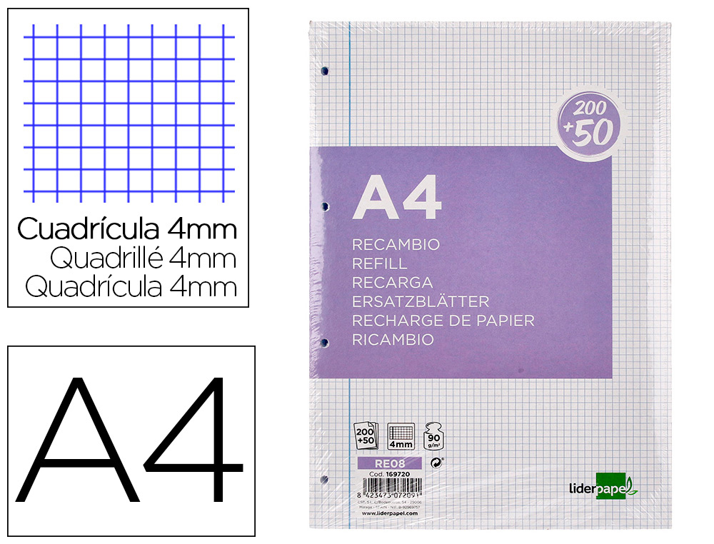 RECAMBIO LIDERPAPEL A4 200+50 HOJAS 90G/M2 CUADRO 4 MM CON MARGEN 4 TALADROS