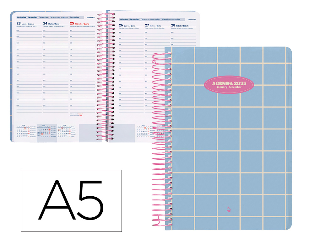 AGENDA ESPIRAL LIDERPAPEL CLASSIC A5 2025 SEMANA VISTA COLOR AZUL CLARO PAPEL 70 GR