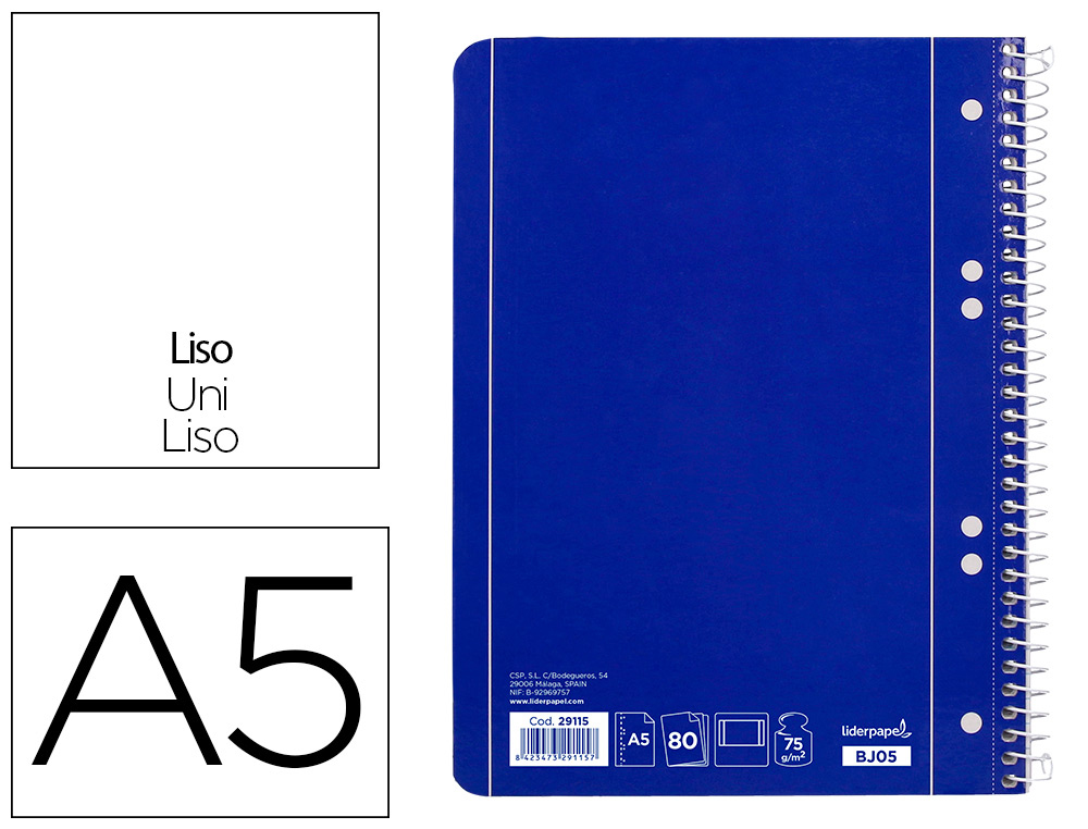 CUADERNO ESPIRAL LIDERPAPEL A5 MICRO SERIE AZUL TAPA BLANDA 80H 75 GR LISO 6TALADROS AZUL