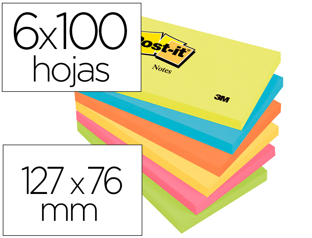 BLOC DE NOTAS ADHESIVAS QUITA Y PON POST-IT 76X127 MM NEON PACK DE 6 BLOCS SURTIDO