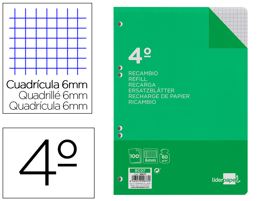 RECAMBIO LIDERPAPEL CUARTO 100 HOJAS 60G/M2 CUADRO 6MM CON MARGEN 6 TALADROS